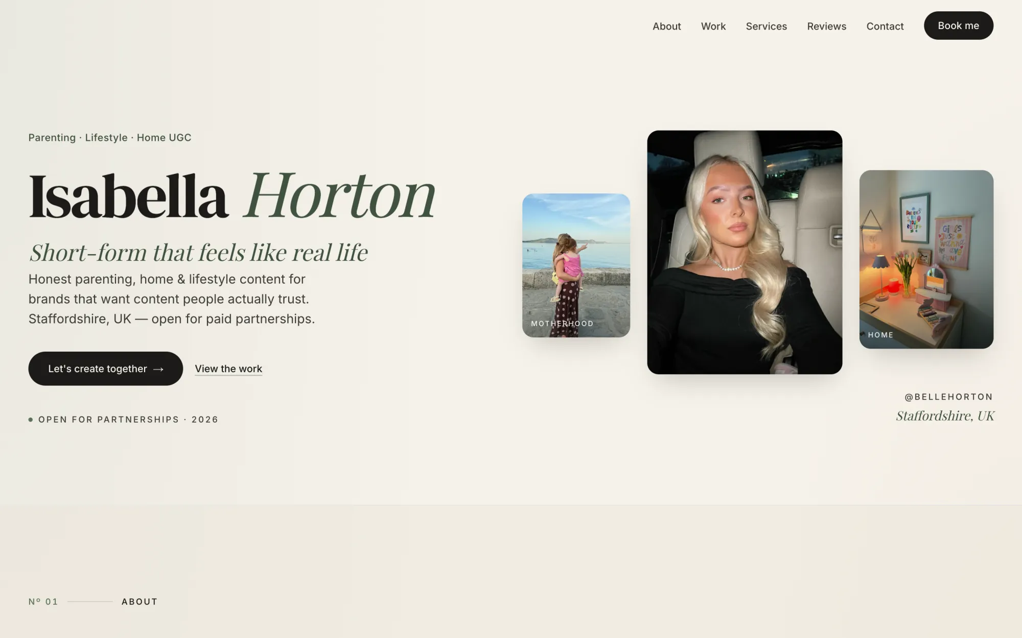 The Isabella Horton homepage - a cream editorial layout with a serif name, the line 'Short-form that feels like real life', and three rounded content photographs.